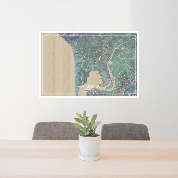 24x36 Manzanita Oregon Map Print Lanscape Orientation in Afternoon Style Behind 2 Chairs Table and Potted Plant