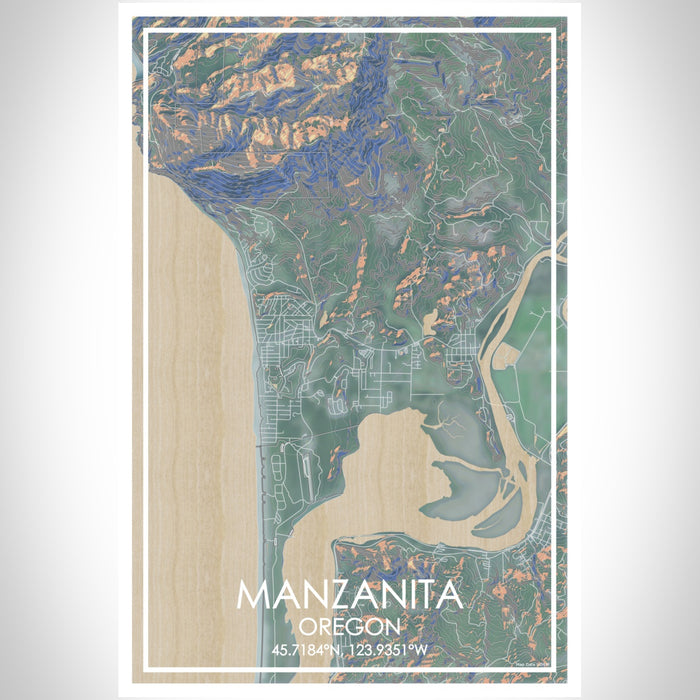 Manzanita Oregon Map Print Portrait Orientation in Afternoon Style With Shaded Background