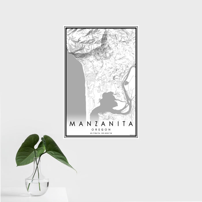 16x24 Manzanita Oregon Map Print Portrait Orientation in Classic Style With Tropical Plant Leaves in Water