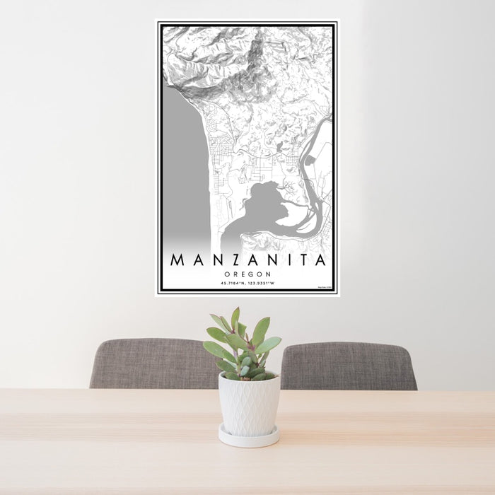 24x36 Manzanita Oregon Map Print Portrait Orientation in Classic Style Behind 2 Chairs Table and Potted Plant