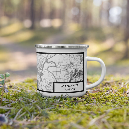 Right View Custom Manzanita Oregon Map Enamel Mug in Classic on Grass With Trees in Background