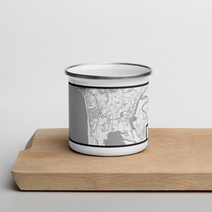 Front View Custom Manzanita Oregon Map Enamel Mug in Classic on Cutting Board