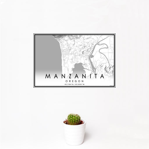 12x18 Manzanita Oregon Map Print Landscape Orientation in Classic Style With Small Cactus Plant in White Planter