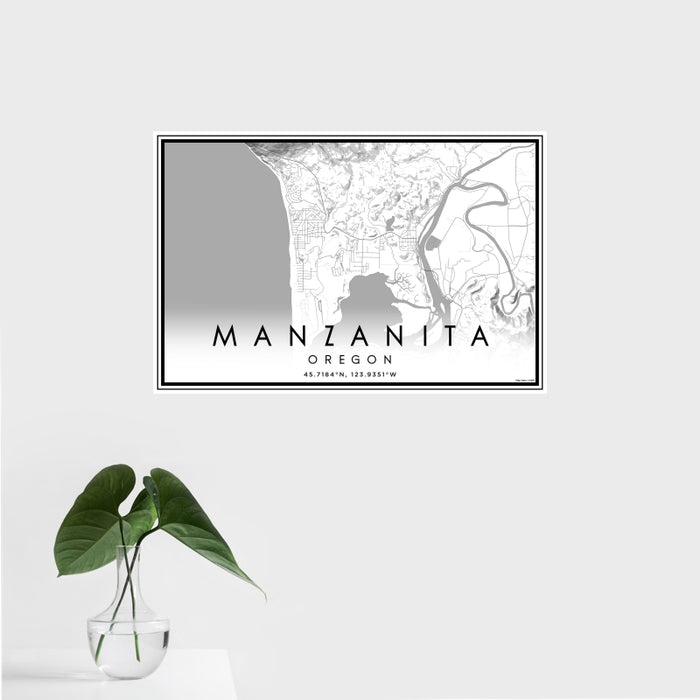 16x24 Manzanita Oregon Map Print Landscape Orientation in Classic Style With Tropical Plant Leaves in Water