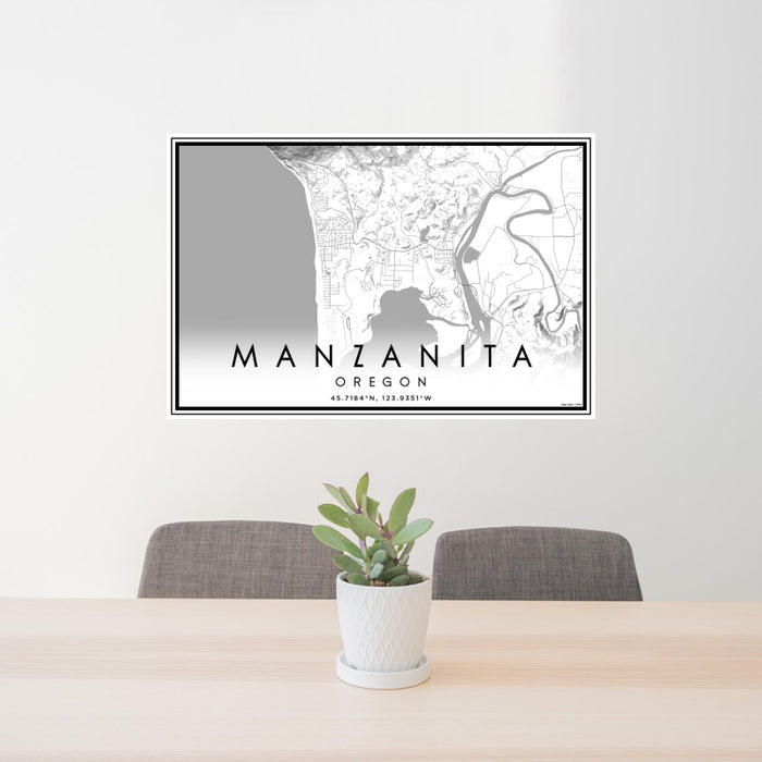 24x36 Manzanita Oregon Map Print Landscape Orientation in Classic Style Behind 2 Chairs Table and Potted Plant