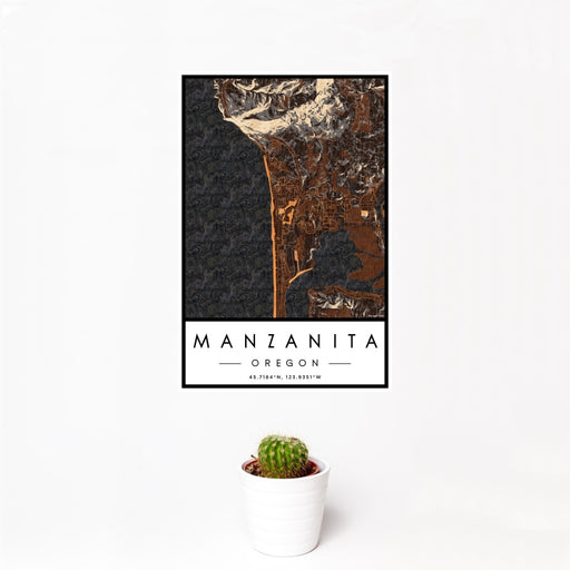 12x18 Manzanita Oregon Map Print Portrait Orientation in Ember Style With Small Cactus Plant in White Planter