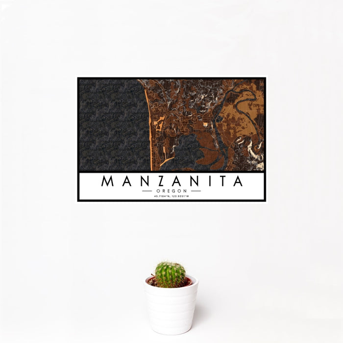 12x18 Manzanita Oregon Map Print Landscape Orientation in Ember Style With Small Cactus Plant in White Planter