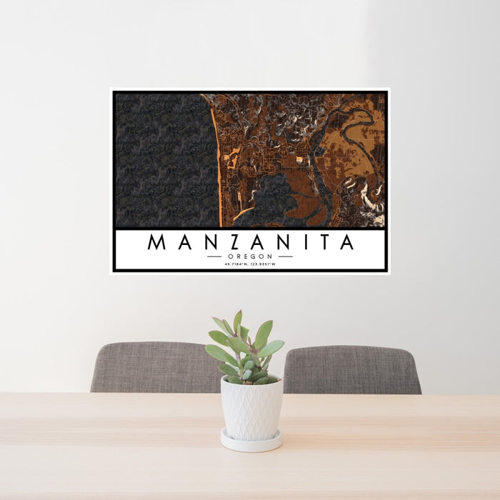 24x36 Manzanita Oregon Map Print Landscape Orientation in Ember Style Behind 2 Chairs Table and Potted Plant