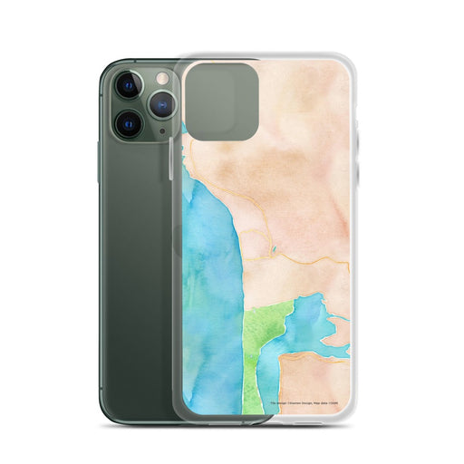 Custom Manzanita Oregon Map Phone Case in Watercolor on Table with Laptop and Plant