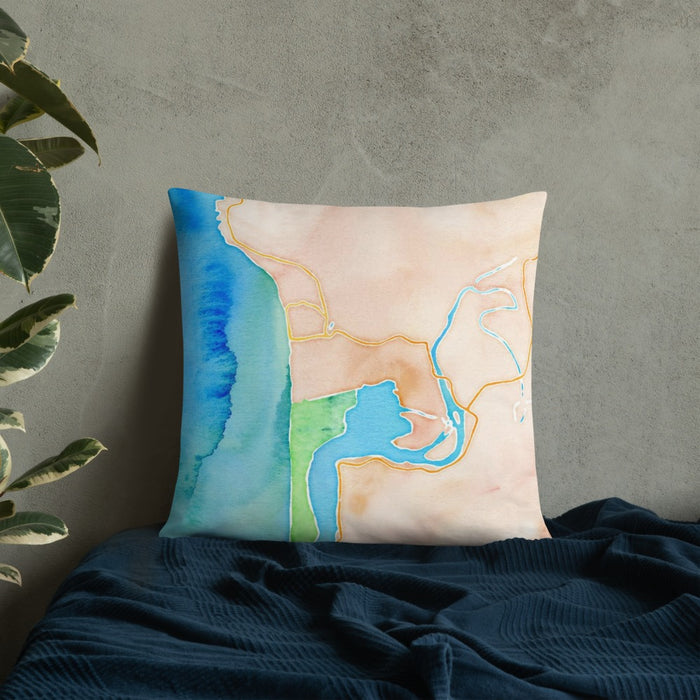 Custom Manzanita Oregon Map Throw Pillow in Watercolor on Bedding Against Wall