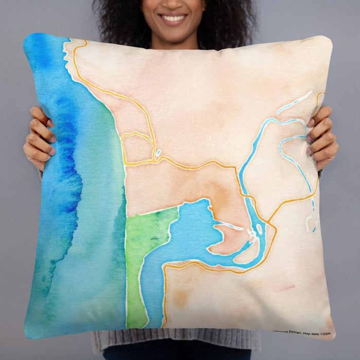 Person holding 22x22 Custom Manzanita Oregon Map Throw Pillow in Watercolor