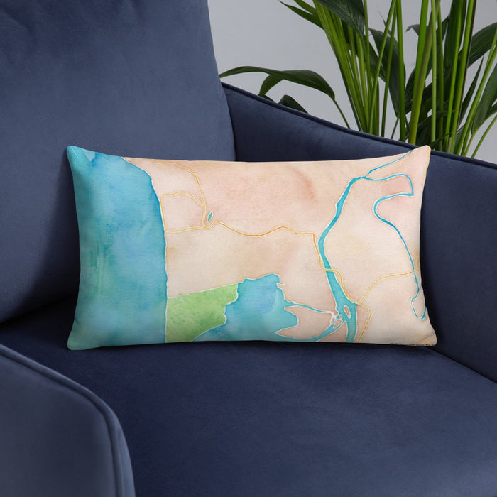 Custom Manzanita Oregon Map Throw Pillow in Watercolor on Blue Colored Chair