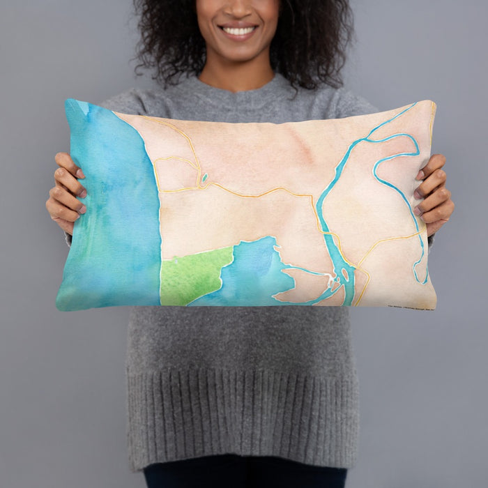 Person holding 20x12 Custom Manzanita Oregon Map Throw Pillow in Watercolor