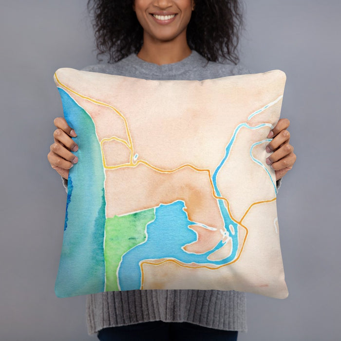 Person holding 18x18 Custom Manzanita Oregon Map Throw Pillow in Watercolor