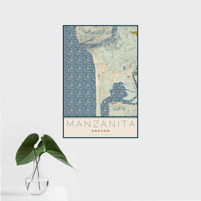 16x24 Manzanita Oregon Map Print Portrait Orientation in Woodblock Style With Tropical Plant Leaves in Water