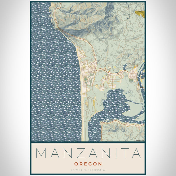 Manzanita Oregon Map Print Portrait Orientation in Woodblock Style With Shaded Background