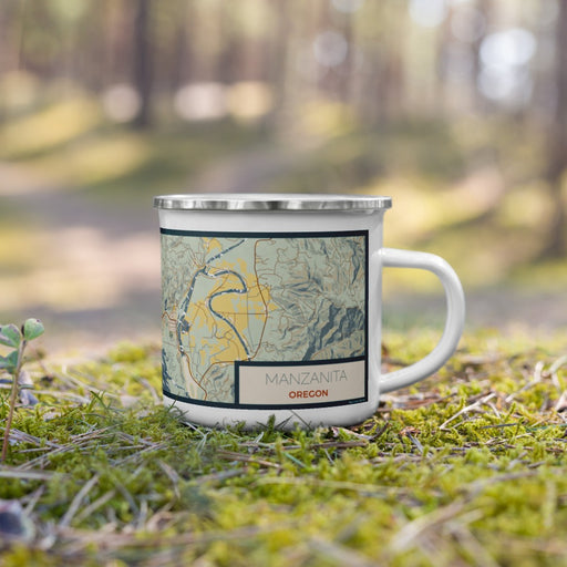 Right View Custom Manzanita Oregon Map Enamel Mug in Woodblock on Grass With Trees in Background