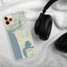 Custom Manzanita Oregon Map Phone Case in Woodblock on Table with Black Headphones