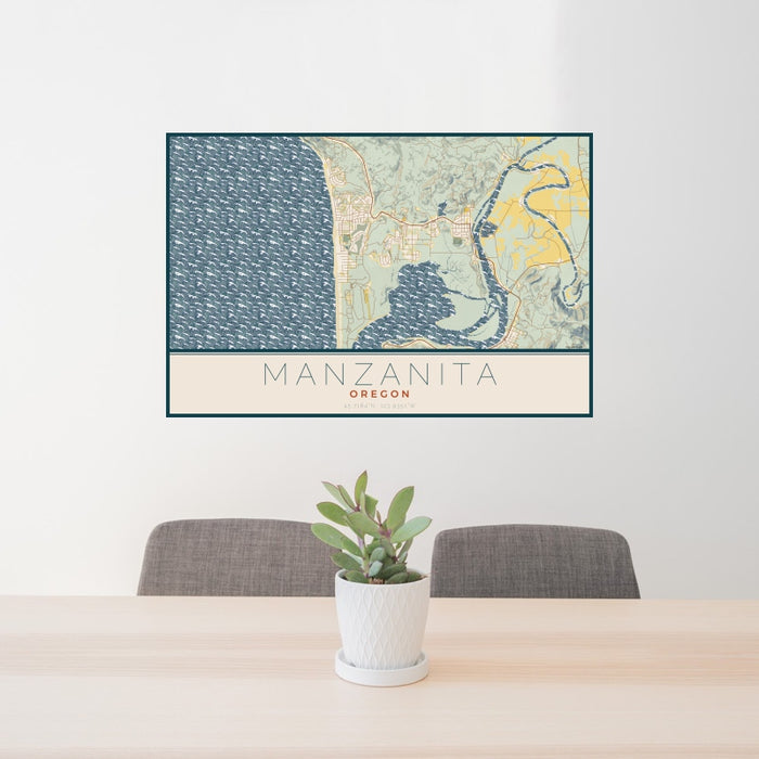 24x36 Manzanita Oregon Map Print Landscape Orientation in Woodblock Style Behind 2 Chairs Table and Potted Plant