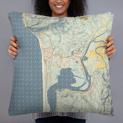 Person holding 22x22 Custom Manzanita Oregon Map Throw Pillow in Woodblock