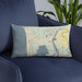 Custom Manzanita Oregon Map Throw Pillow in Woodblock on Blue Colored Chair