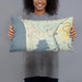 Person holding 20x12 Custom Manzanita Oregon Map Throw Pillow in Woodblock