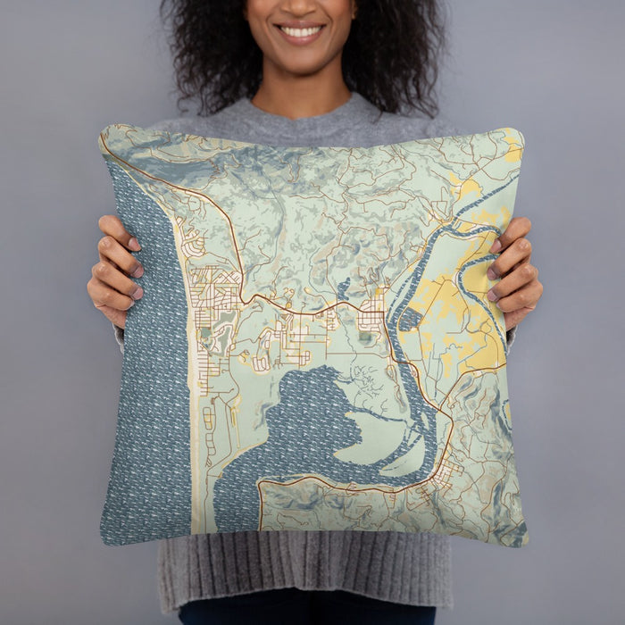 Person holding 18x18 Custom Manzanita Oregon Map Throw Pillow in Woodblock