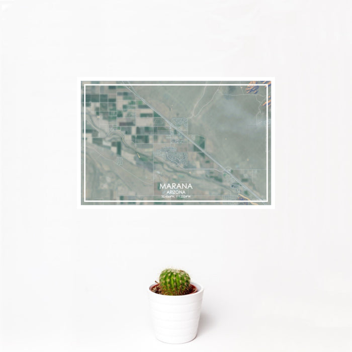 12x18 Marana Arizona Map Print Landscape Orientation in Afternoon Style With Small Cactus Plant in White Planter