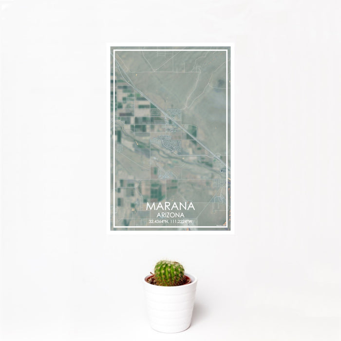 12x18 Marana Arizona Map Print Portrait Orientation in Afternoon Style With Small Cactus Plant in White Planter