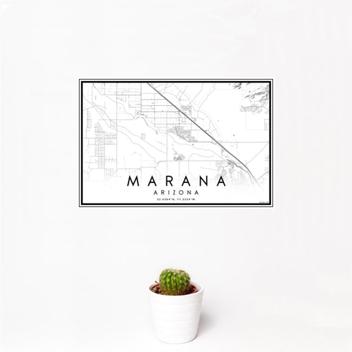 12x18 Marana Arizona Map Print Landscape Orientation in Classic Style With Small Cactus Plant in White Planter