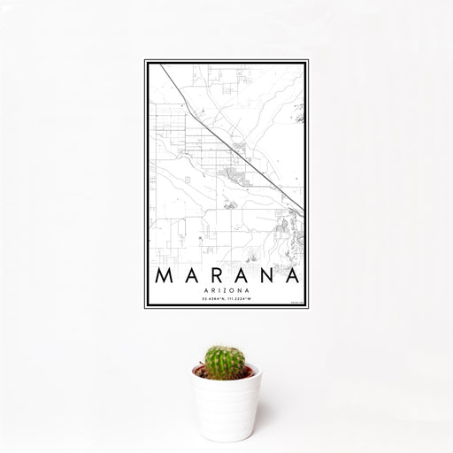 12x18 Marana Arizona Map Print Portrait Orientation in Classic Style With Small Cactus Plant in White Planter