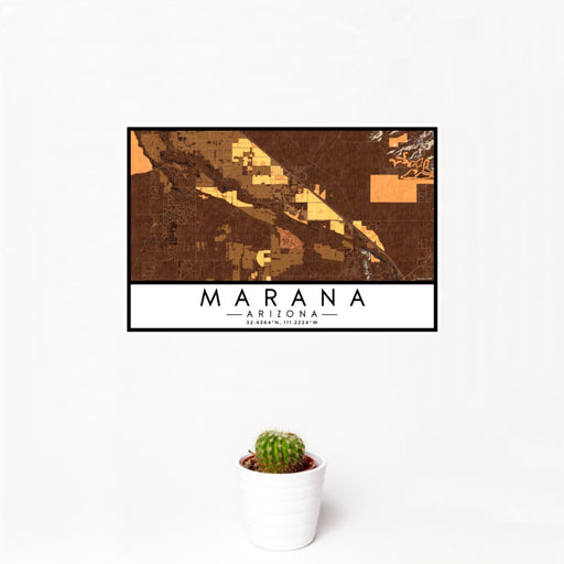 12x18 Marana Arizona Map Print Landscape Orientation in Ember Style With Small Cactus Plant in White Planter