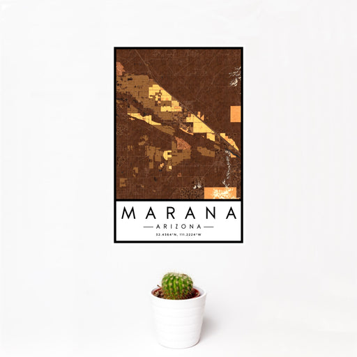 12x18 Marana Arizona Map Print Portrait Orientation in Ember Style With Small Cactus Plant in White Planter