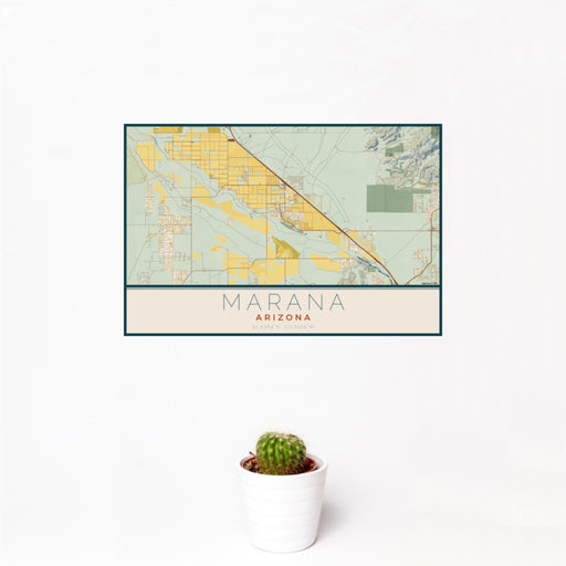 12x18 Marana Arizona Map Print Landscape Orientation in Woodblock Style With Small Cactus Plant in White Planter