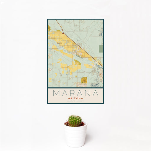 12x18 Marana Arizona Map Print Portrait Orientation in Woodblock Style With Small Cactus Plant in White Planter