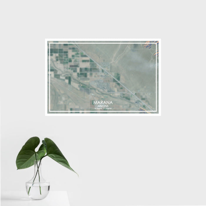 16x24 Marana Arizona Map Print Landscape Orientation in Afternoon Style With Tropical Plant Leaves in Water