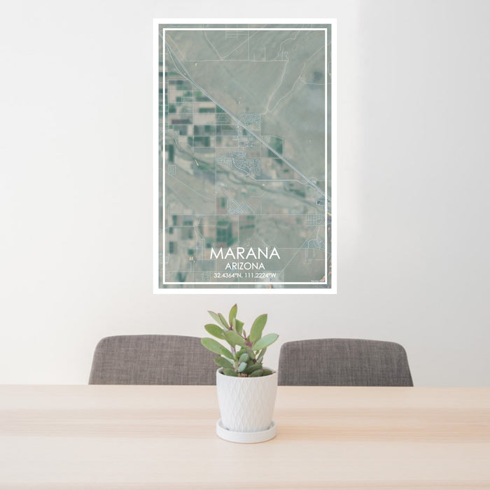 24x36 Marana Arizona Map Print Portrait Orientation in Afternoon Style Behind 2 Chairs Table and Potted Plant