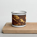 Front View Custom Marana Arizona Map Enamel Mug in Ember on Cutting Board