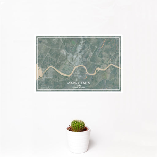 12x18 Marble Falls Texas Map Print Landscape Orientation in Afternoon Style With Small Cactus Plant in White Planter