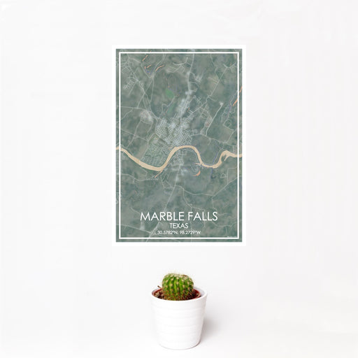 12x18 Marble Falls Texas Map Print Portrait Orientation in Afternoon Style With Small Cactus Plant in White Planter