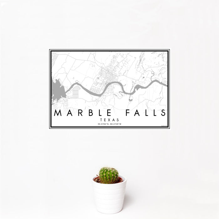 12x18 Marble Falls Texas Map Print Landscape Orientation in Classic Style With Small Cactus Plant in White Planter