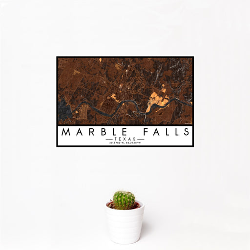 12x18 Marble Falls Texas Map Print Landscape Orientation in Ember Style With Small Cactus Plant in White Planter