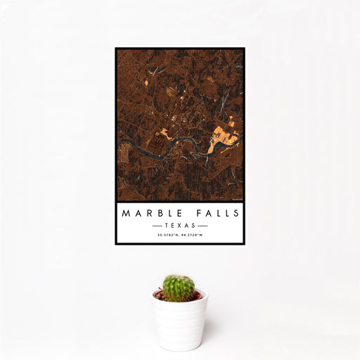 12x18 Marble Falls Texas Map Print Portrait Orientation in Ember Style With Small Cactus Plant in White Planter