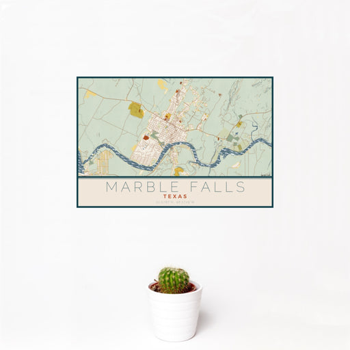 12x18 Marble Falls Texas Map Print Landscape Orientation in Woodblock Style With Small Cactus Plant in White Planter