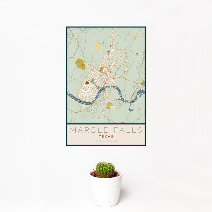 12x18 Marble Falls Texas Map Print Portrait Orientation in Woodblock Style With Small Cactus Plant in White Planter