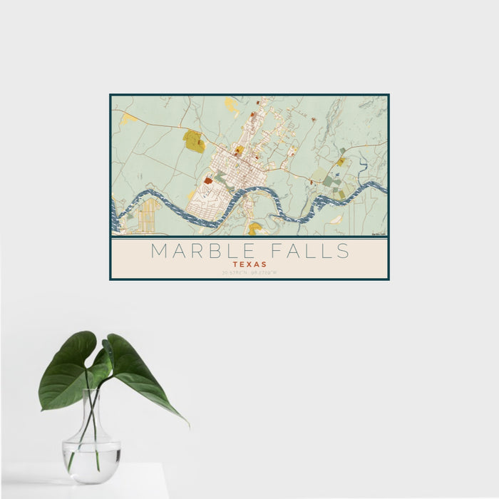 16x24 Marble Falls Texas Map Print Landscape Orientation in Woodblock Style With Tropical Plant Leaves in Water