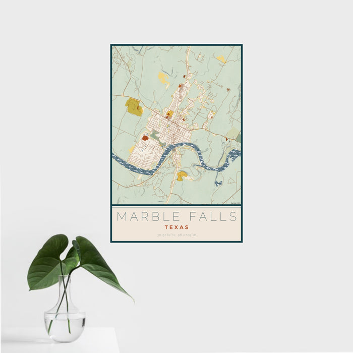 16x24 Marble Falls Texas Map Print Portrait Orientation in Woodblock Style With Tropical Plant Leaves in Water