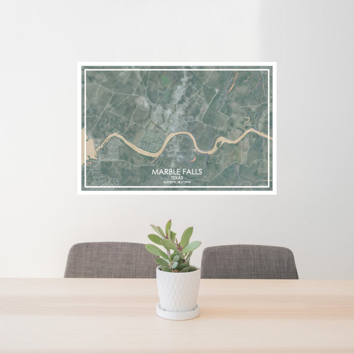 24x36 Marble Falls Texas Map Print Lanscape Orientation in Afternoon Style Behind 2 Chairs Table and Potted Plant
