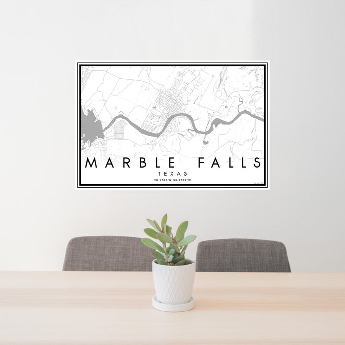 24x36 Marble Falls Texas Map Print Lanscape Orientation in Classic Style Behind 2 Chairs Table and Potted Plant