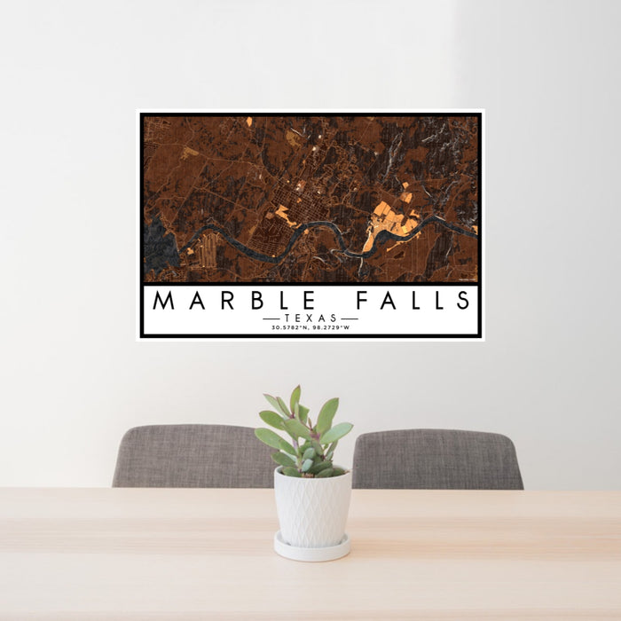 24x36 Marble Falls Texas Map Print Lanscape Orientation in Ember Style Behind 2 Chairs Table and Potted Plant